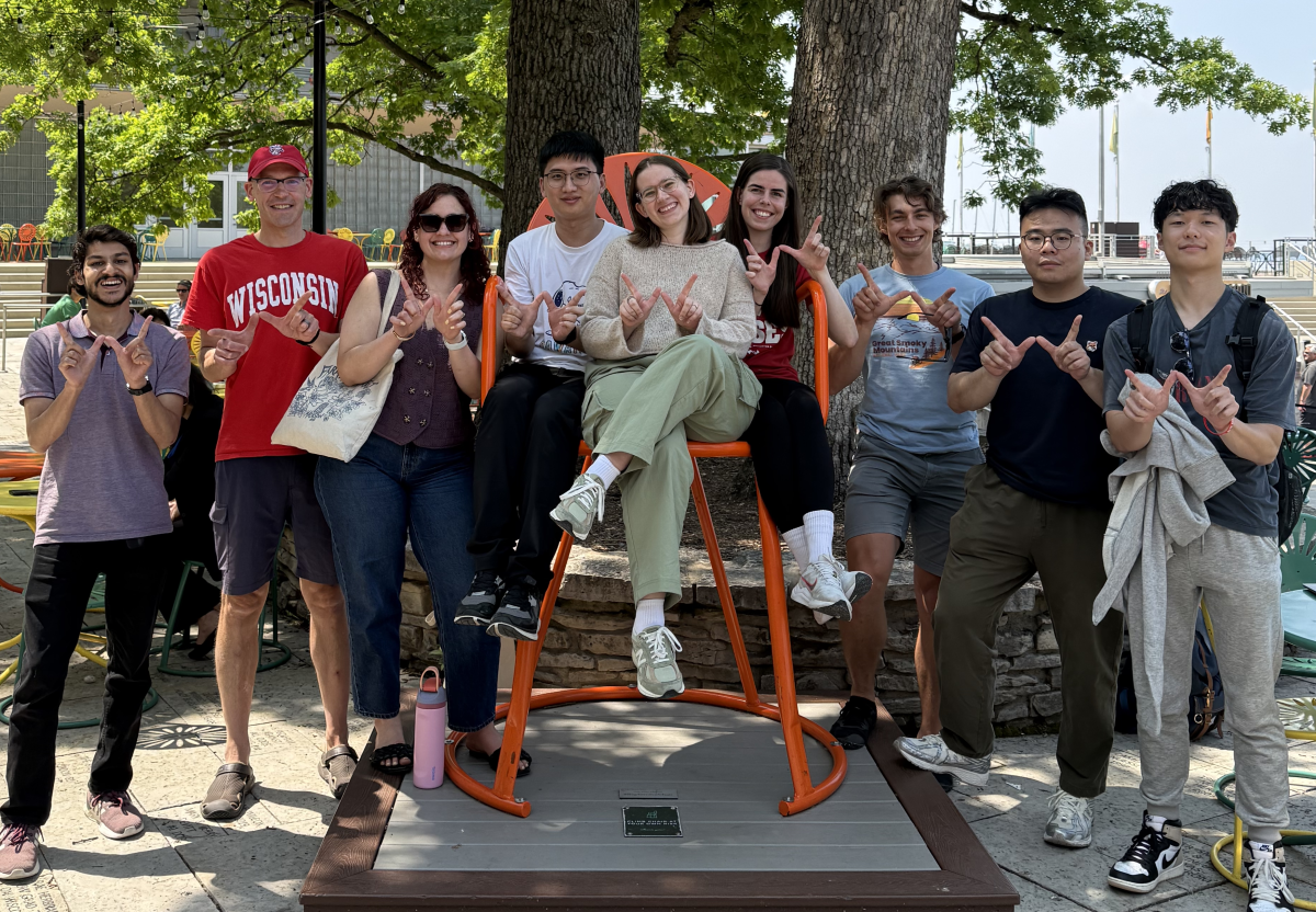 A photo of the BADGER Lab members in summer 2025, posing for a photo at UW Memorial Union Terrace.